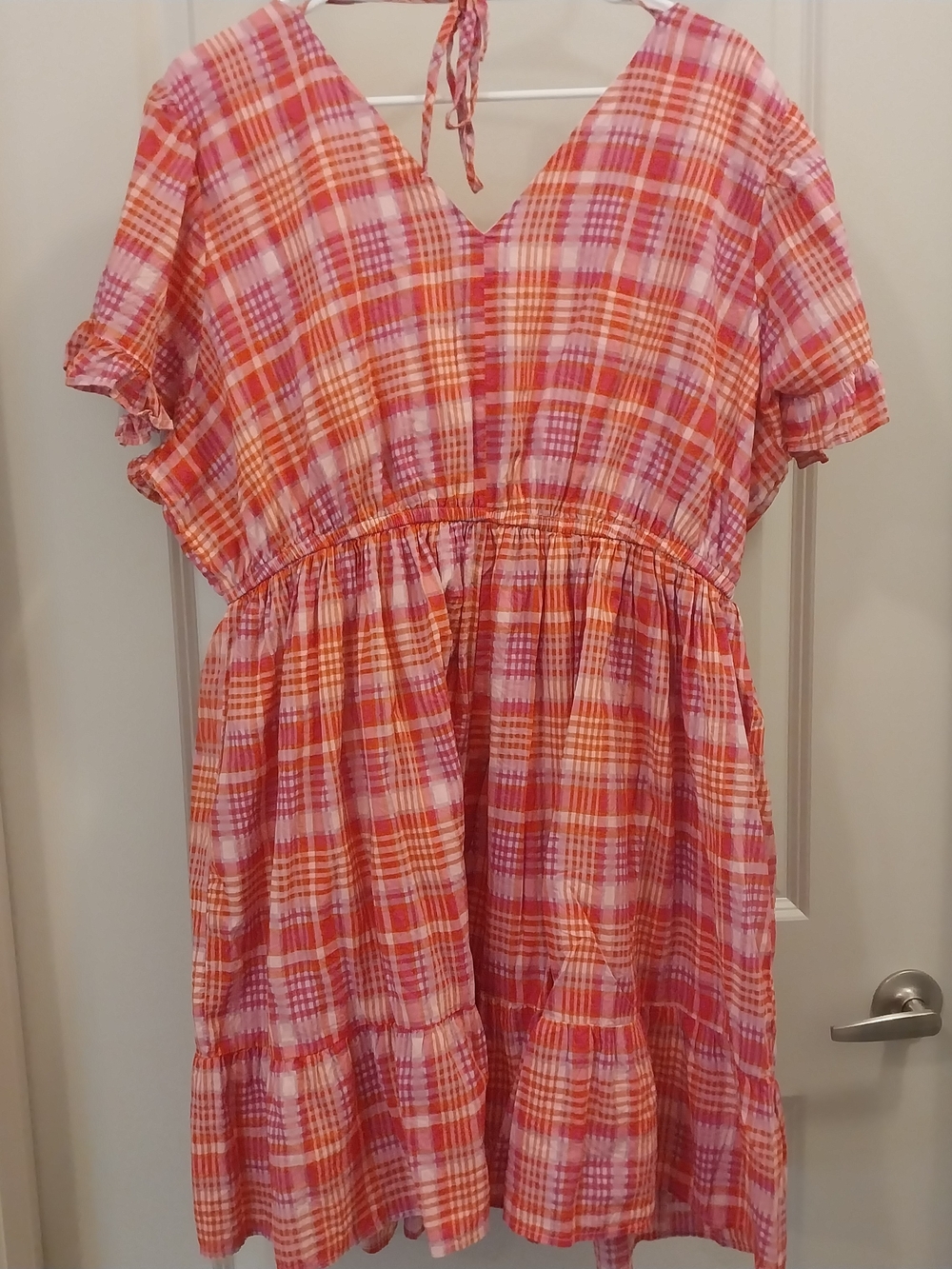 Terra & Sky Pink/Orange Plaid Tiered Casual Midi Dress - 1X